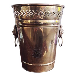 Vintage Brass Waste Basket With Lion Head Handles For Sale