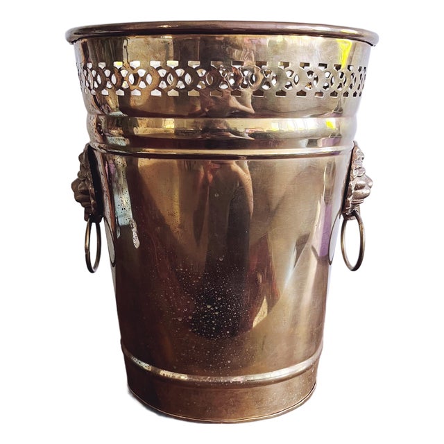 Vintage Brass Waste Basket With Lion Head Handles For Sale