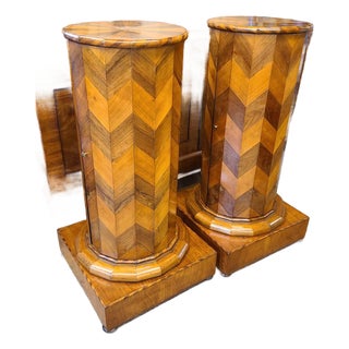 Early 19th Century Pair of Italian Neoclassical Walnut and Fruitwood Veneered Pedestal Cabinets For Sale