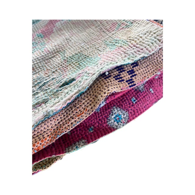 Vintage Indian Hand-Stitched Kantha Quilt Coverlet For Sale - Image 4 of 6