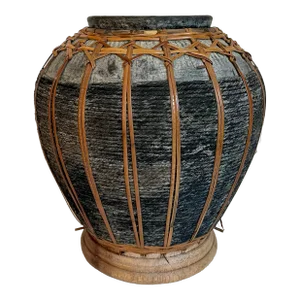 Asian Black Vase With Wood Bottom and Wicker Details