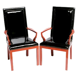 Baker Cinnabar and Black Patent Leather Armchairs - a Pair