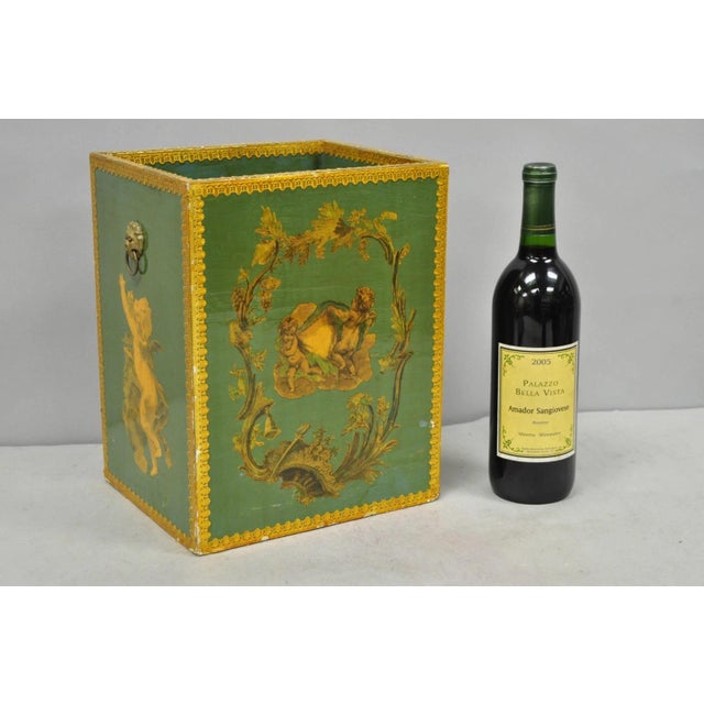 Vintage Italian Venetian Decoupage Green & Gold Cherub Papier Mache Small Wastebasket Trash Can. Circa Mid 20th Century....