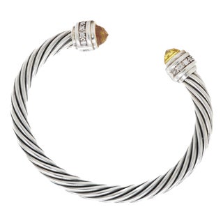 David Yurman 7mm Sterling Silver, Citrine, & Diamond Classic Cable Bracelet For Sale