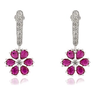 Natural 2.56ct Pinkish Ruby Floral Diamond Cluster Drop Earrings in 18k White Gold- A Pair For Sale