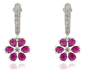 Natural 2.56ct Pinkish Ruby Floral Diamond Cluster Drop Earrings in 18k White Gold- A Pair