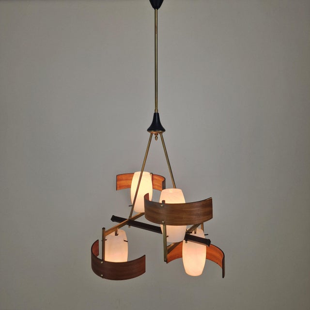 Mid-Century Italian Brass, Teak and Opaline Glass Chandelier attributed to Stilnovo, 1960s For Sale - Image 6 of 14