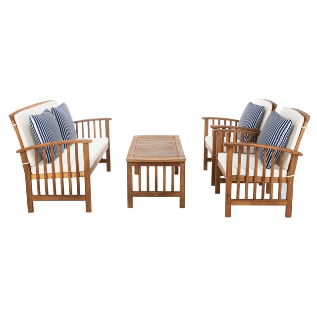 Wood Rocklin 4-Piece Outdoor Set, Natural/Beige Cushion With Navy Thin Stripe Pillows For Sale - Image 7 of 8