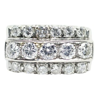 1950s 14 Karat White Gold 3-Row Diamond Wedding Ring 1.62 Carat, Size 6.5 For Sale