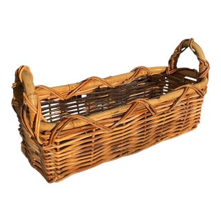 Vintage French Wicker & Rattan Rectangle Double-Handled Market Basket For Sale