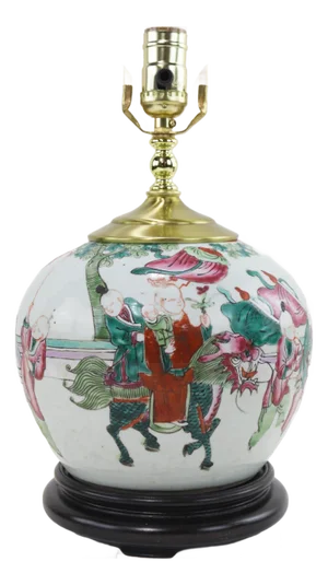 Antique Chinese Famille Verte Porcelain Table Lamp With Figures and Horse