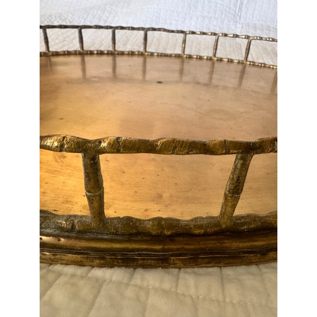 Metal Solid Brass XL Tray With Bamboo-Shaped Rails & Handles, Oval-Shaped For Sale - Image 7 of 12