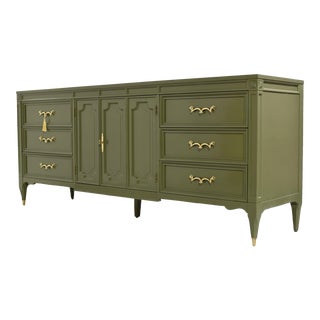 Mid Century Transitional Lowboy Credenza Dresser by American of Martinsville in Green - Newly Painted For Sale