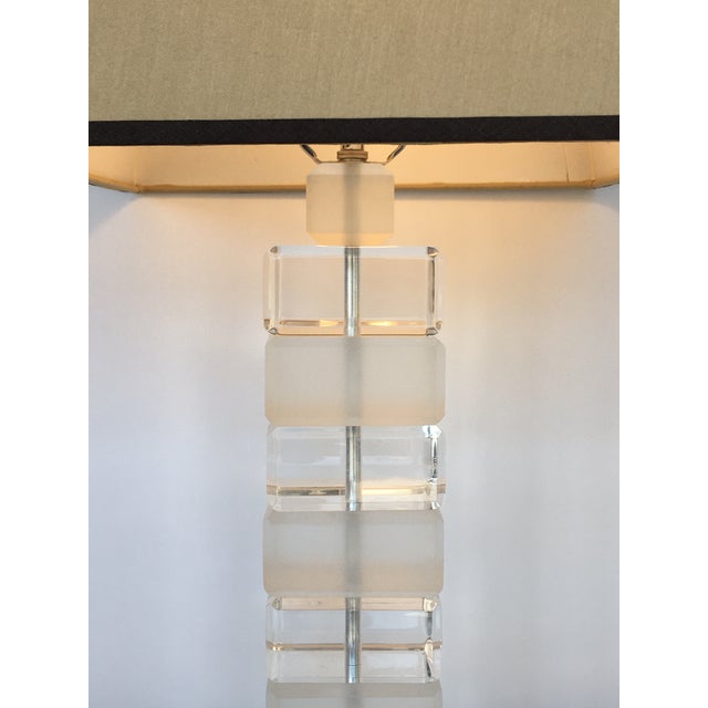 Pair of square Lucite table lamps with lampshades, U.S.A, 1980s.