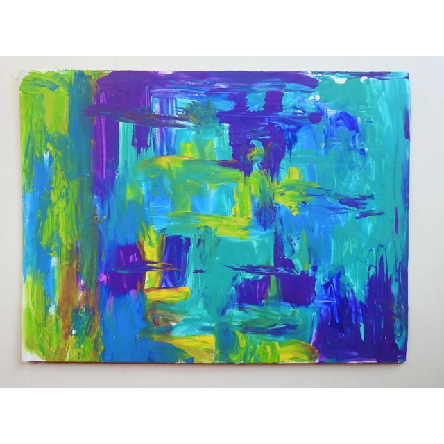 Oil on cardboard turquoise and purple abstract painting. Unsigned. Unframed.