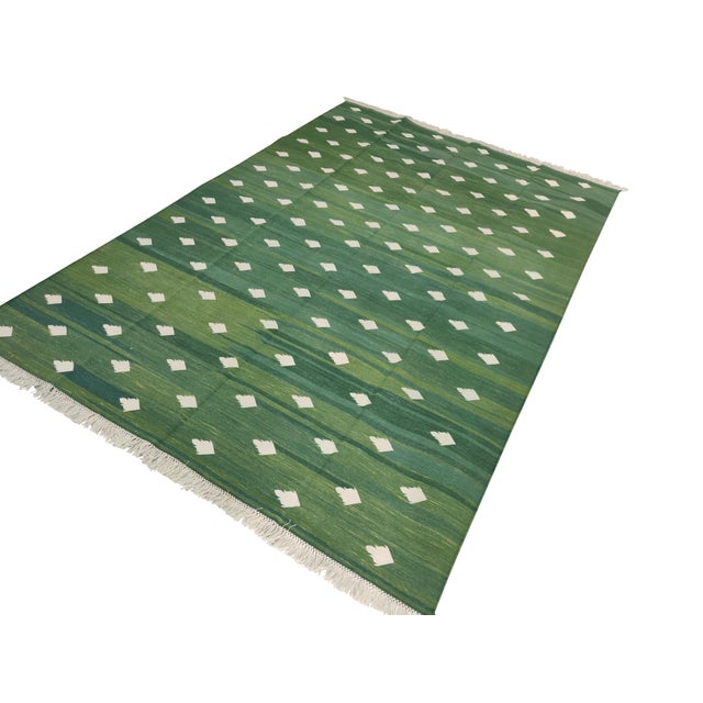 Handmade Cotton Fleur Rug, Forest Green and White Dhurrie - 14'x16' For Sale - Image 16 of 16