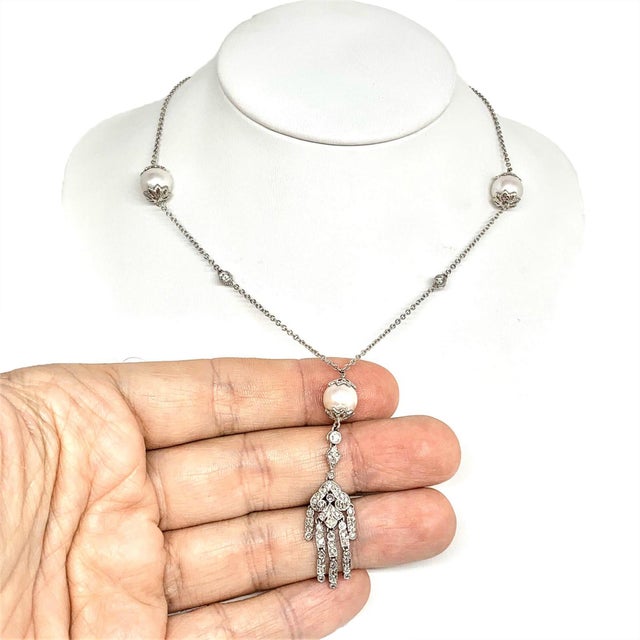 Diamond South Sea Pearl Drop Necklace 14k White Gold Certified For Sale - Image 4 of 8