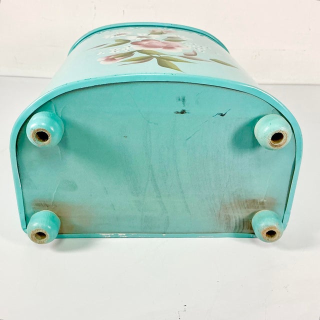 1950s Vintage Hollywood Regency Boho Chic Turquoise Handpainted Flora Metal Wastebasket For Sale - Image 17 of 18