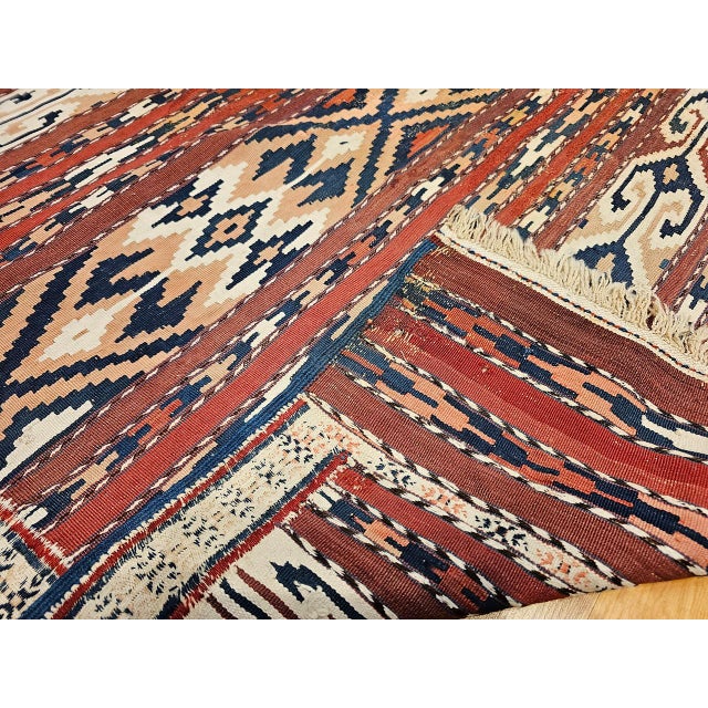 Antique Turkmen Yomut Soumak Kilim, Handwoven Wool, Geometric Pattern, Rust & Blue, 5’ X 10’ For Sale - Image 11 of 13
