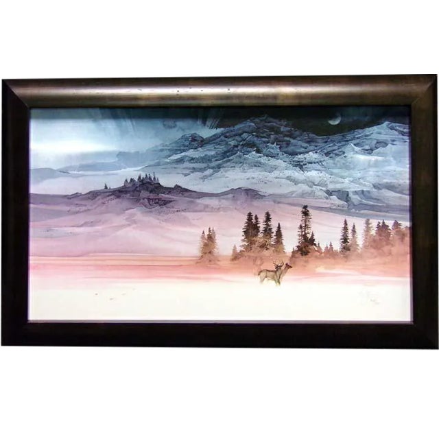 "Serenity" Contemporary Mountain with Deer Landscape Print by Michael Atkinson, Framed For Sale