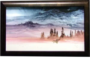 "Serenity" Contemporary Mountain with Deer Landscape Print by Michael Atkinson, Framed