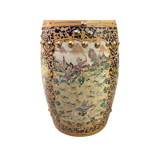 Ceramic Vintage Oriental Chinoiserie Western Graphic Porcelain Stool Table Ottoman For Sale - Image 7 of 9