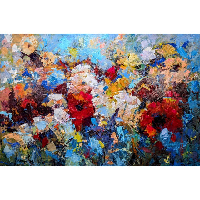 Contemporary Acrylic on Canvas Red White Yellow Blue Abstract Flowers For Sale - Image 3 of 3