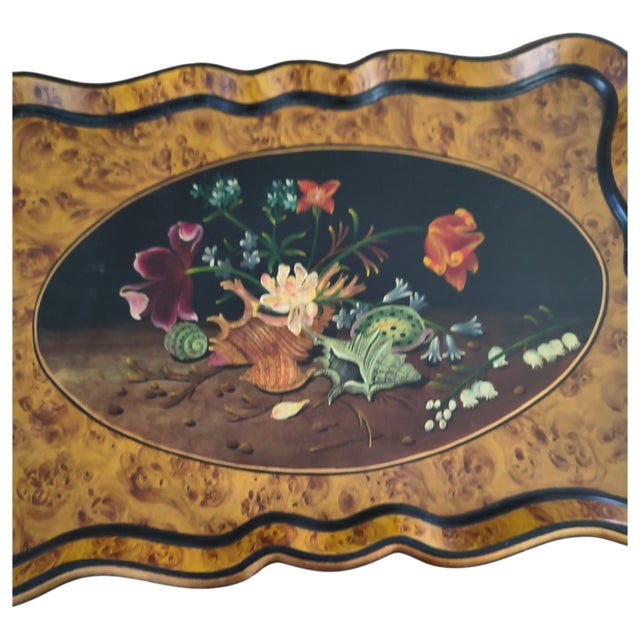 English English Scalloped Tole Tray on Stand With Floral and Shell Motif, Circa 1830 For Sale - Image 3 of 7