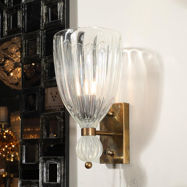 Metal Modernist Brass Handblown Iridescent Vintage Murano Glass Orbital Drop Sconces For Sale - Image 7 of 15