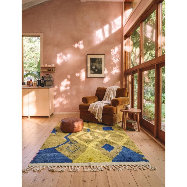 Boujad Rug | Handwoven Berber Wool Rug with Chartreuse Field and Cobalt Blue Motifs This striking Boujad rug features a...
