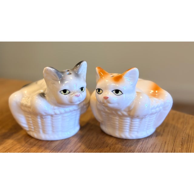 1990s Trompe-l'Oeil Ceramic Cats in Baskets Salt and Pepper Shakers - a Pair For Sale - Image 12 of 12