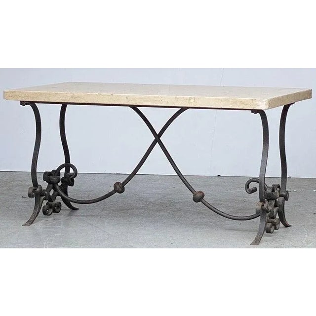 French Mid-Century Coffee or Low Table With Wrought Iron Base and Marble Top For Sale - Image 9 of 13