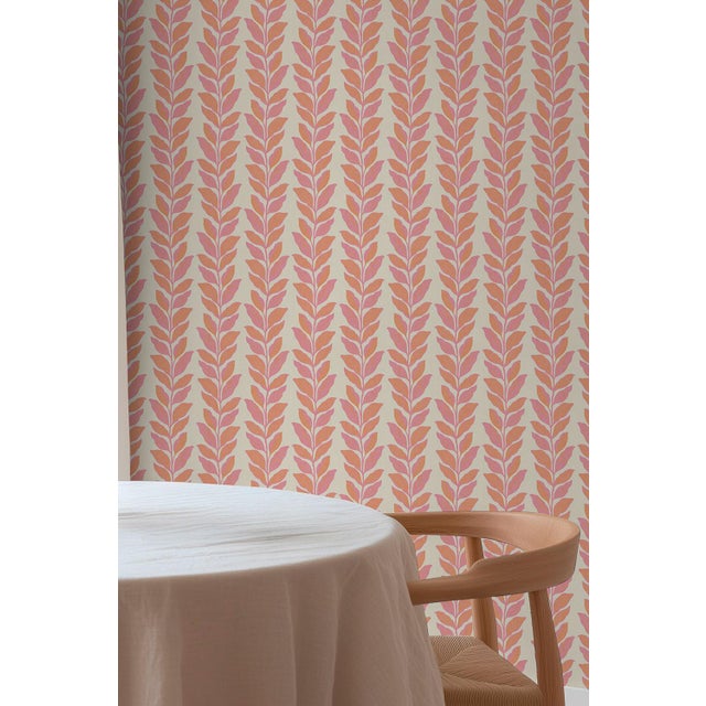 Not Yet Made - Made To Order Garden Leaf Stripe Grasscloth Wallpaper by House Party | Blush Pink & Coral | 8 Yards For Sale - Image 5 of 7