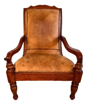 Early 20th Century British Colonial Plantation Lounge Chair — Original Leather, Turned Legs, Nailhead Trim