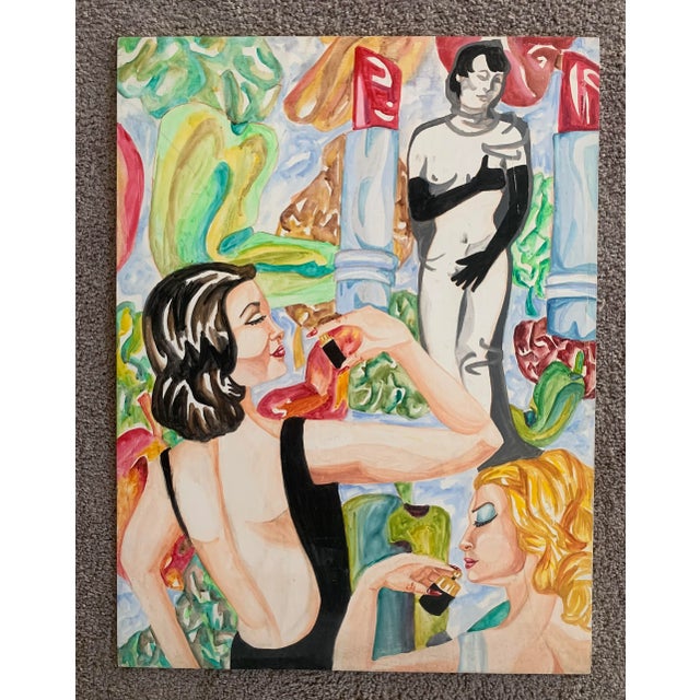 1990s 1990s Modernist Acrylic Colorful Painting on Wood of Women For Sale - Image 5 of 5