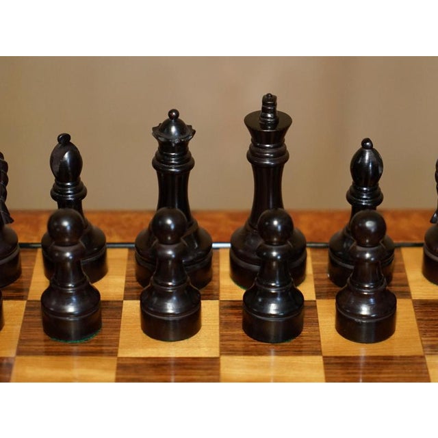 Vintage Burr Walnut Velvet Drawer Chessboard and Chess Set from Staunton, Set of 33 For Sale - Image 16 of 18