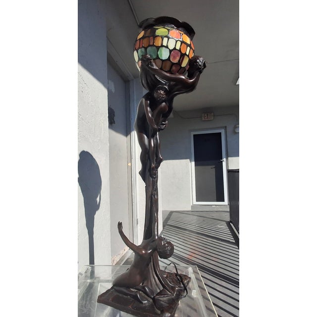 19thc Art Nouveau Large Gustave Gurshner Bronze Figural Floor/ Table Lamp Signed For Sale In Miami - Image 6 of 18