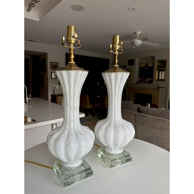 Pair Murano White and Silver Inclusions Glass Table Lamps For Sale - Image 4 of 16
