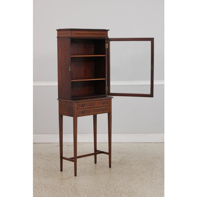 Antique Edwardian 2 Drawer Inlaid Mahogany Curio Cabinet For Sale - Image 4 of 17