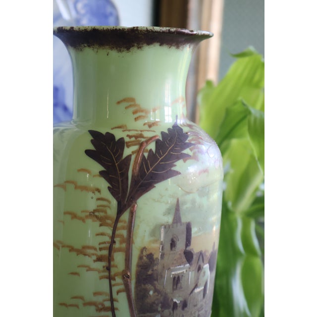 Late 19th-Century Victorian Bristol-Style Green Opaline Scenic Glass Vase For Sale - Image 13 of 18
