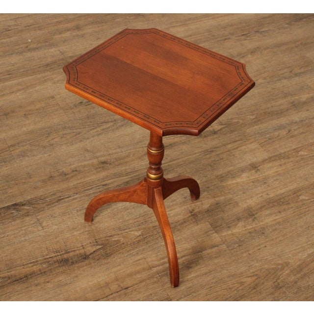 High Quality L. Hitchcock Rectangular Stenciled Maple Tea Table Or Candle Stand With Turned Pedestal Base Atop Tripod Legs.