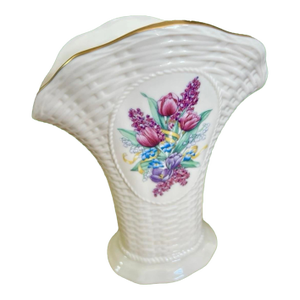 Late 20th Century Lenox Basket-Weave Porcelain Vase With Tulip Floral Bouquet, Vintage