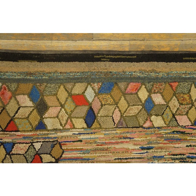 1930s Multicolor Diamond Folk Art Antique American Hooked Rug 3'6" X 5'0" Handknotted Wool Carpet For Sale - Image 4 of 5
