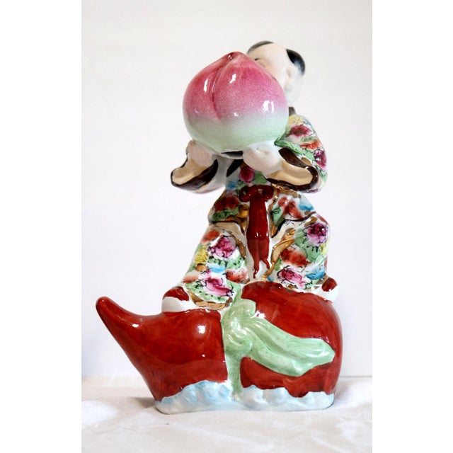 Figurative 1940s Hand Painted Porcelain Chinese Figuirines on Gourds Bearing Gifts - a Pair For Sale - Image 3 of 12