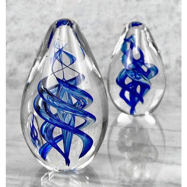 Mid-Century Modern Mid-Century Hand Blown Art Glass Blue Spiraled Egg Paperweight - a Pair For Sale - Image 3 of 7