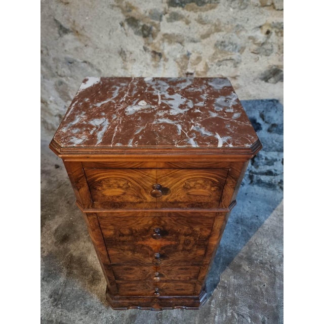 French Bedside Cabinet with Burr Walnut Veneer and Marble Top, 1900s For Sale - Image 11 of 17
