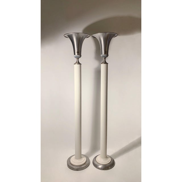 Near pair of vintage Hollywood Regency deco metal torcheres in the manner of Grosfeld House, Walter Von Nessen. Uncertain...