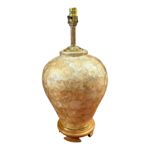 1970s Large Vintage Capiz Shell Table Lamp With Teak Wood Base