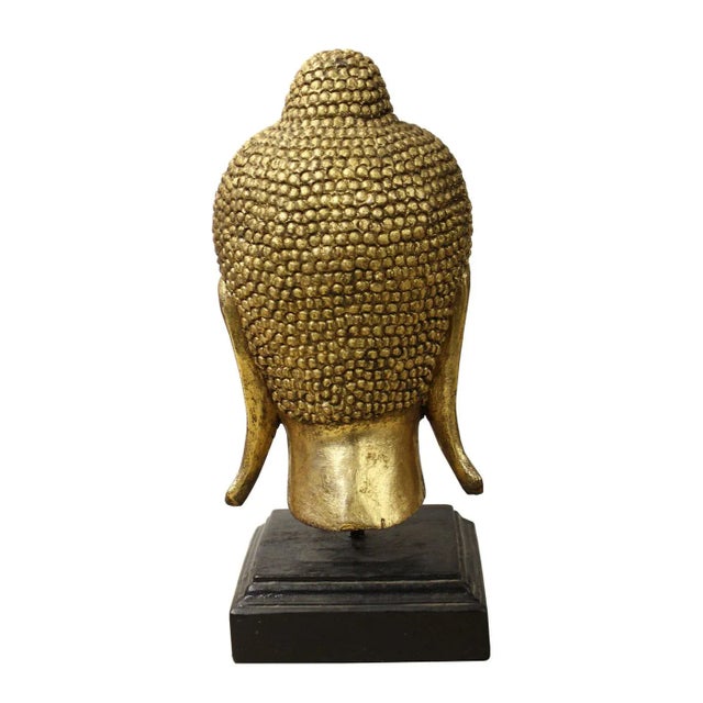Handcrafted Gold Wood Serene Peaceful Buddha Head On Stand For Sale - Image 5 of 5