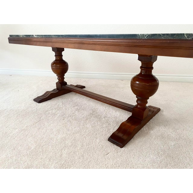 Late 20th Century Mid 20th Century Unique Marble and Wood French Inspired Trestle Console/Libaray/Coffee/Cocktail/Display Table Great Vintage Condition For Sale - Image 5 of 11